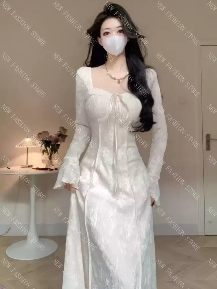 新中式レースワンピースドレスドレスロングスカート-14