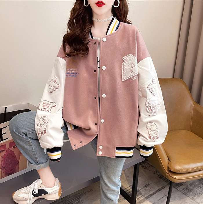 新作大きいサイズレディースアウタースタジャン長袖ワッペン背後クマMLXLXXL