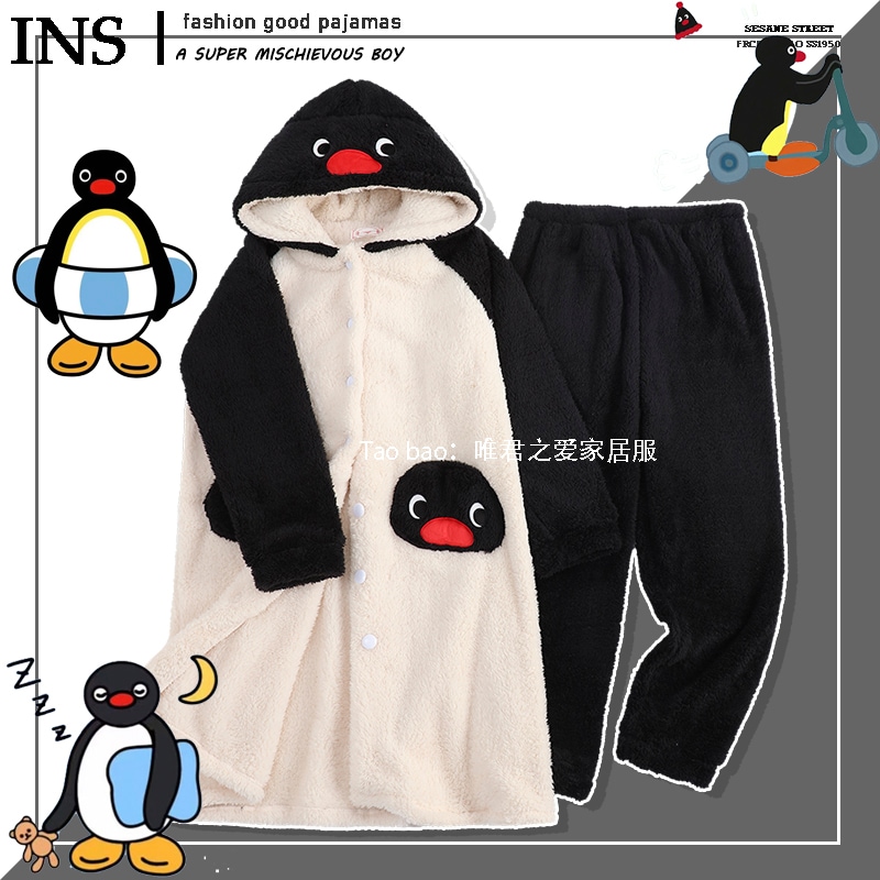 女性用フランネルピングーペンギンパジャマ冬厚手のベルベットコーラルベルベットパジャマ秋冬かわいいネットセレブスタイル