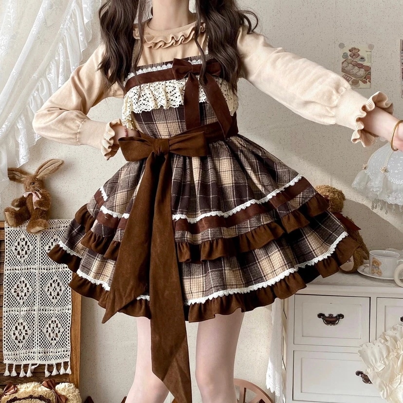 人気 メイド服 ロリータ コスプレ 学院祭用 人气 新作 秋冬ツイードキュートなリボンロリィタビッグスイングチェック柄 JSK