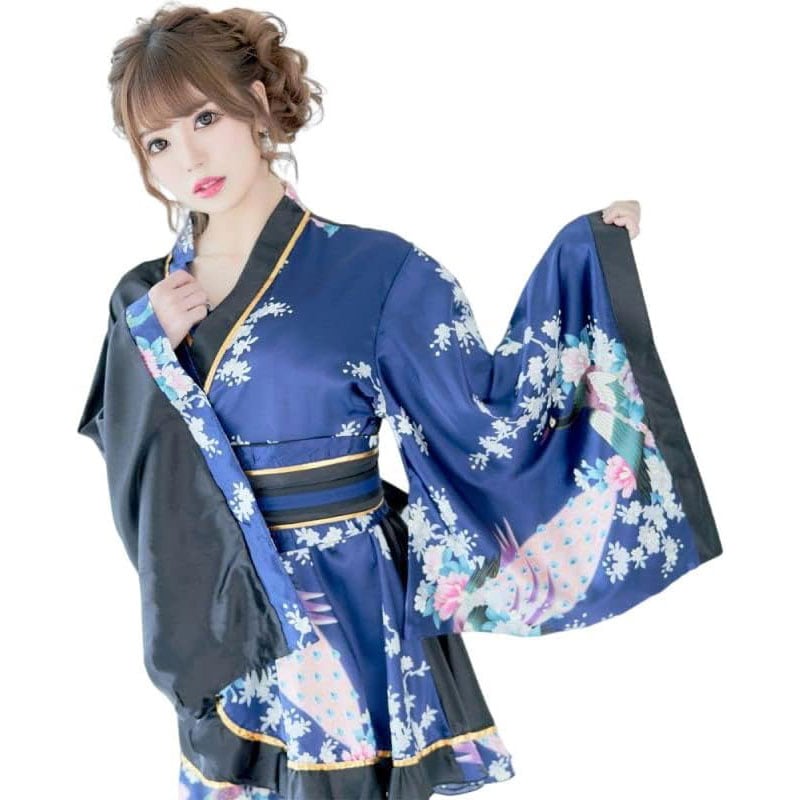 ツートンカラー 花魁 フリル ミニ 着物ドレス 孔雀柄 和柄 ダンス よさこい コスプレ キャバドレス [1016]