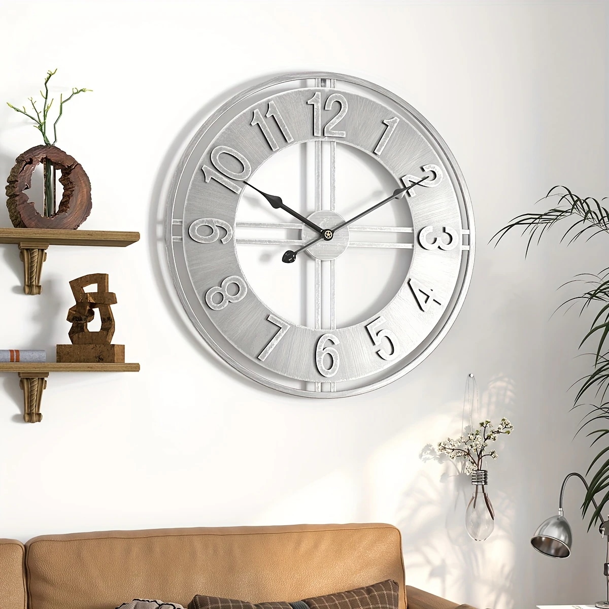 掛け時計 メタル アイアン ラウンド サイレントクロック 柱時計 ウォールクロック 単三電池 バッテリー式 シンプル レトロ シルバーカラー インテリア 装飾品