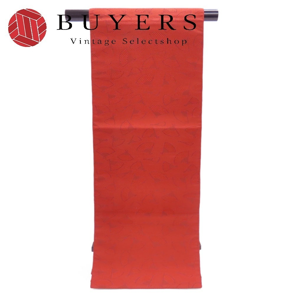 中古 名古屋帯 正絹(金銀糸除く) 赤 えんじ 扇子柄 かがり仕立て 呉服 着物 レディース 女性