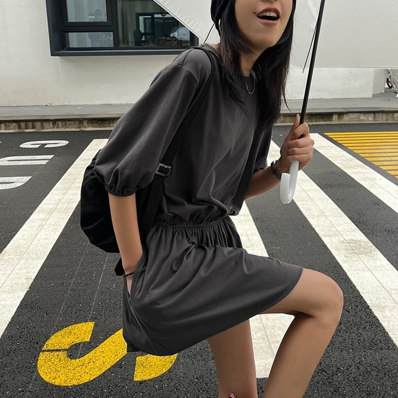2color レディース ウエストギャザーバルーンワンピース シャツワンピース ショート丈 シャツ