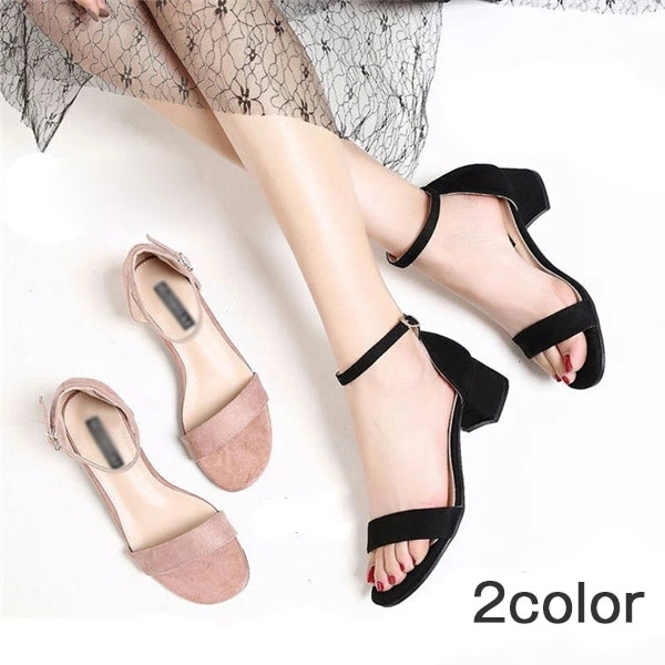 サンダル レディース チャンキーヒール 太ヒール ローヒール アンクルストラップ ストラップ 女性 大人 春夏 小さいサイズ 大きいサイズ シンプル ブラック ピンク 21.5/22.0/22.5～2