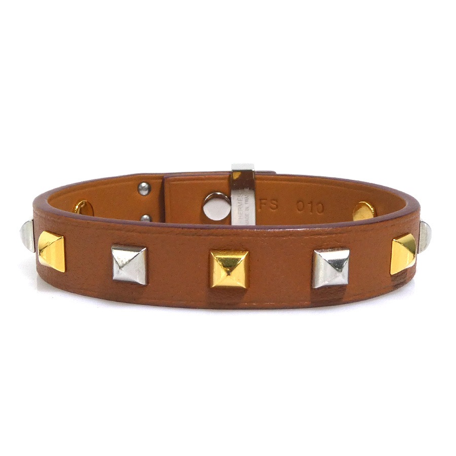 エルメス HERMES ブレスレット ミニドッグ クルーカレ レザー/メタル ブラウン/シルバー/ゴールド レディース e61857a