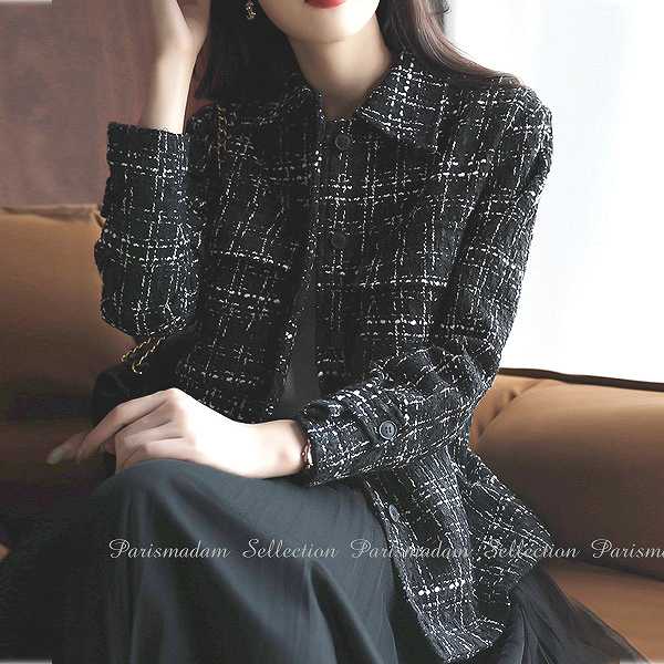 新品 ツイード襟付きショートジャケット　セレモニー　イベント　ブラック　通勤　ほっそり効果大 20代30代40代50代　ミセス