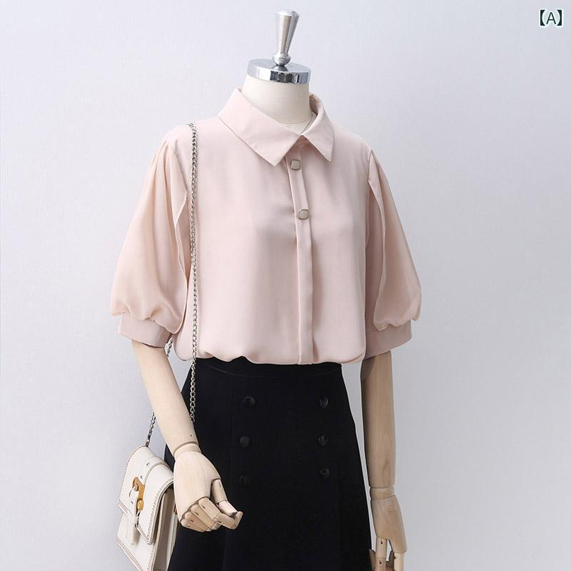 レディース シャツ ブラウス 半袖 五分袖 夏 シャツ襟 薄ピンク パフスリーブ 襟回りデザイン おしゃれボタン デザインパフスリーブ エレガント モダン オフィス ユニークデザイン 軽量