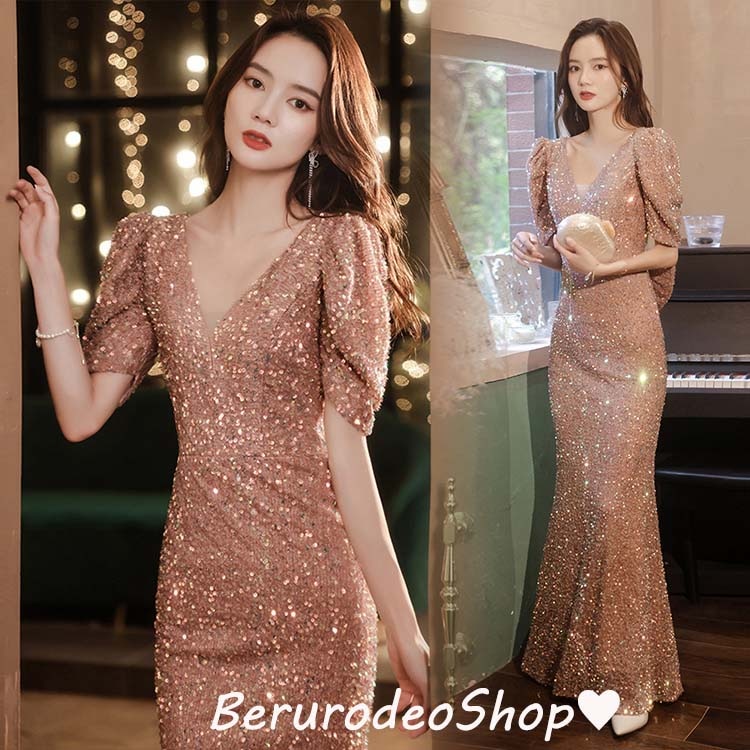 イブニングドレス スパンコール キラキラドレス 発表会ドレス ロングドレス マーメイドドレス ピンク パーティードレス Vネック バックリボン オシャレ キレイめ 結婚式ドレス 二次会ドレス お呼ばれ
