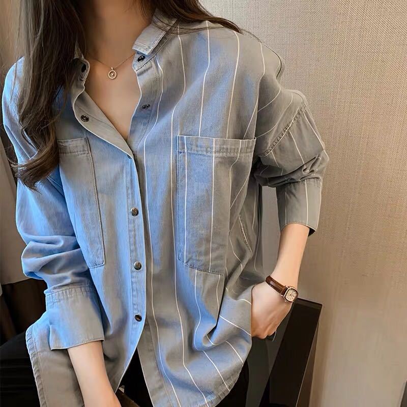 デニムブラウス レディース きれいめ 春夏秋 ボーダー柄ブラウスデニム オシャレシャツ トップス 長袖 韓国風40代 ゆったり 大きいサイズ カジュ