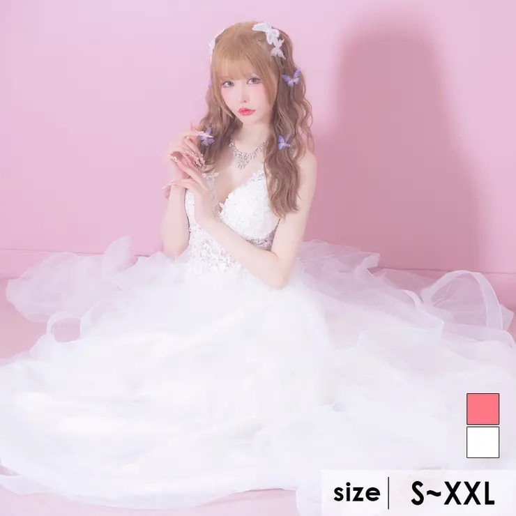 Tika キャバドレス ボリュームチュールフラワーレースオープンバックロングドレス セクシードレス イベントドレス Aライン 袖なし タンクトップ Vネック S-XXLサイズ 大きいサイズ ホワイト