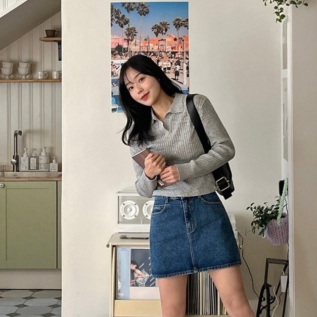 クロップド ポロ ニットポロ トップス ニットソー ミニ丈 ショート丈 袖あり 長袖 萌袖 襟付き スリム タイト 細身 リブ 伸縮性 ニット かわいい 大人可愛い きれいめ シンプル カジュアル