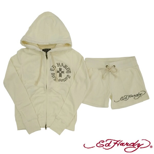 エドハーディー レディース 長袖 パイル セットアップ Ed Hardy CROSS ホワイト エドハーディー 正規品 海外 LAセレブ 着用 サファリ ファッション 雑誌 掲載 ブランド クリスチ