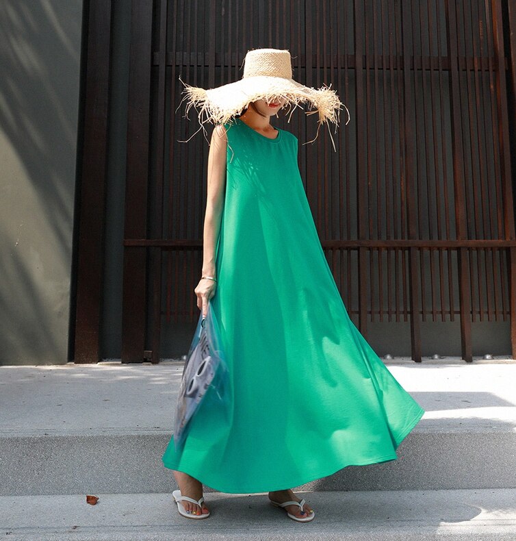 ワンピース フレア Aライン ロング マキシ 袖なし ノースリーブ ラウンドネック セミフレア Iライン 薄手 大人可愛い きれいめ シンプル ラフ 春 夏 マタニティ デート リゾート XL