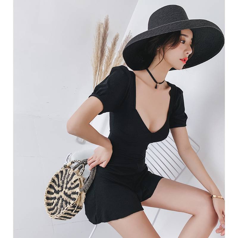 ワンピース水着 レディース スイムウェア バッククロス パンツ 袖有り 半袖 パフスリーブ リボン フリル かわいい 大人女子 きれいめ シンプル カジュアル おしゃれ エレガント 無地 リゾート