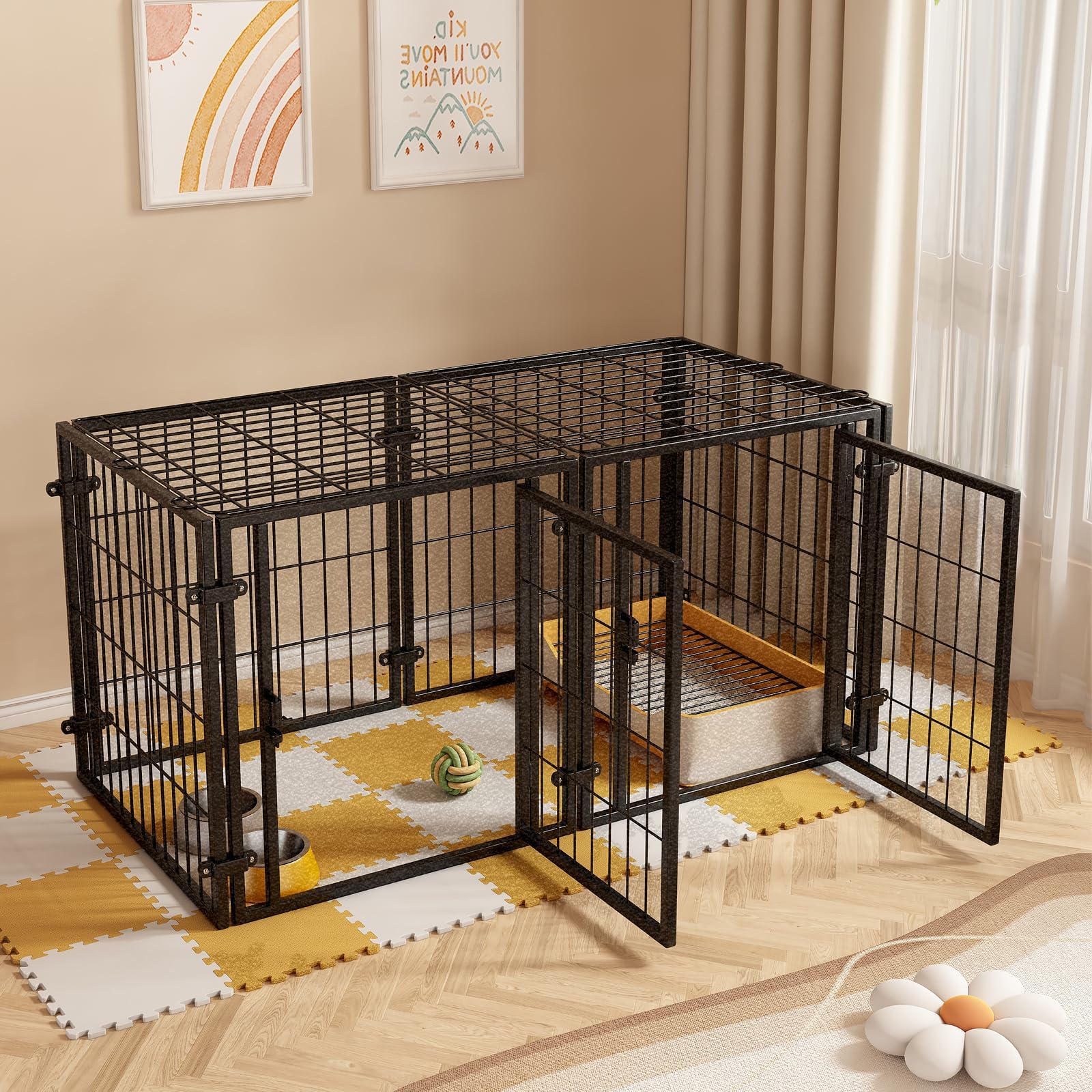 ペットサークル 犬 ゲージ ペットフェンス 犬 サークルケージドア付き （サイズ：120x60x60CMシルバーブラック）（屋根面付き2つのドア）栅 組立簡単 レイアウト自由 トイレトレーニング