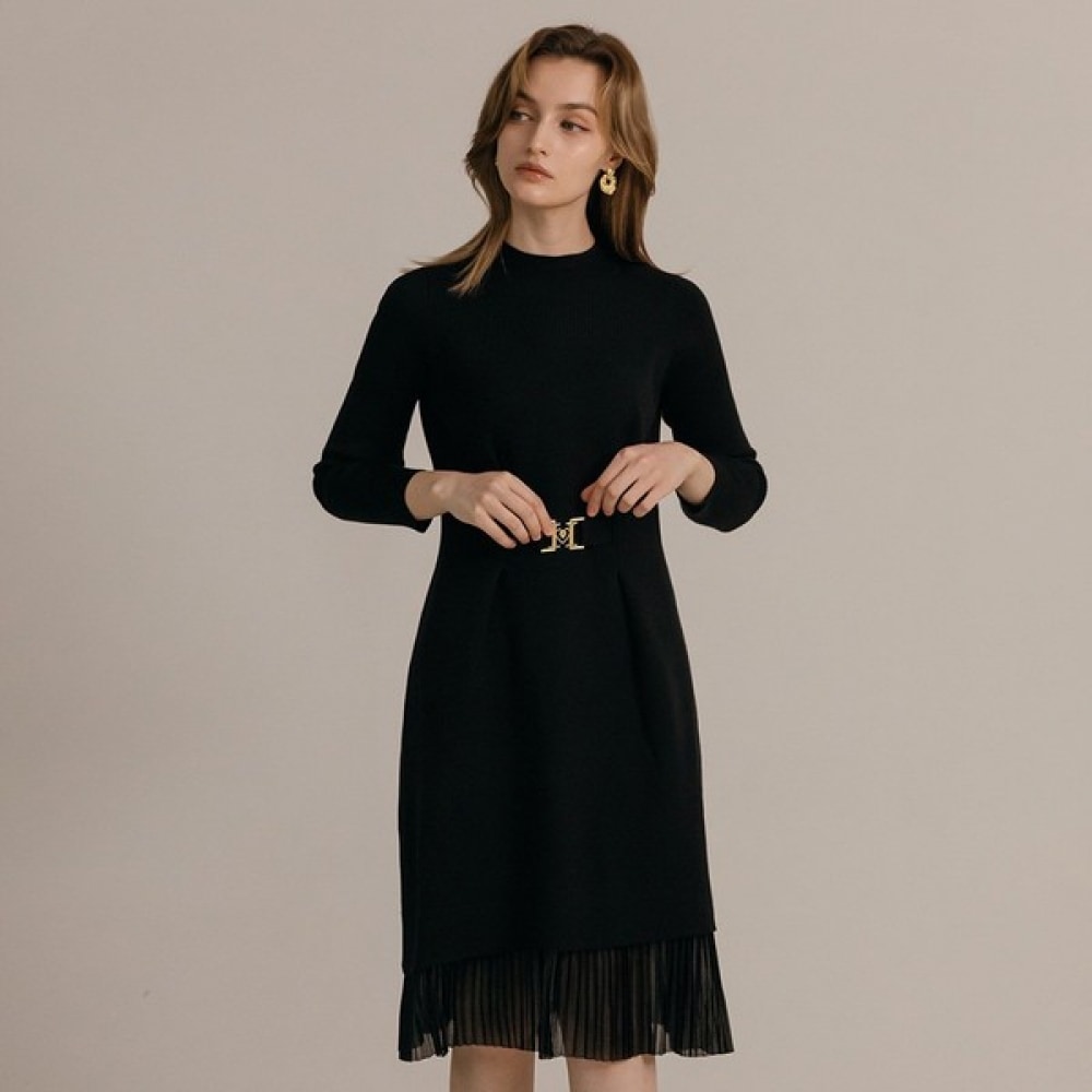 (Max Cartiggio) ベルトペンダントシフォンカラーニットワンピース