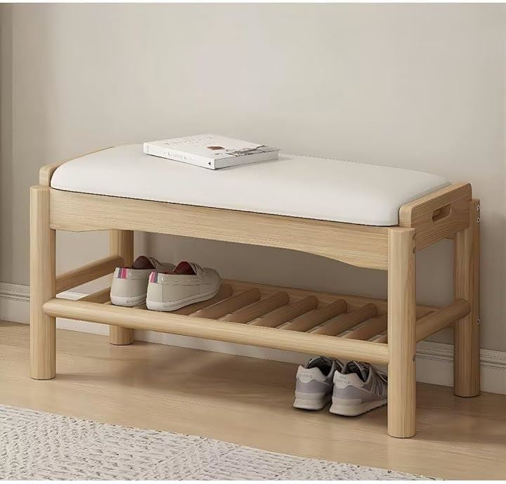 玄関ベンチ 木製 無垢材 北欧 天然木 シューズラック 収納ベンチ 玄関椅子 玄関スツール シューズボックス 靴収納 雑貨 家具(ウッドカラー, 80x30x40cm)