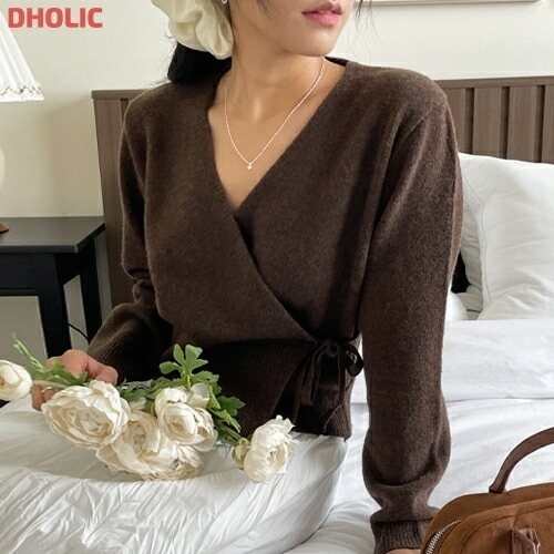 Vネックドローストリングラップカラーカーディガン・1938198