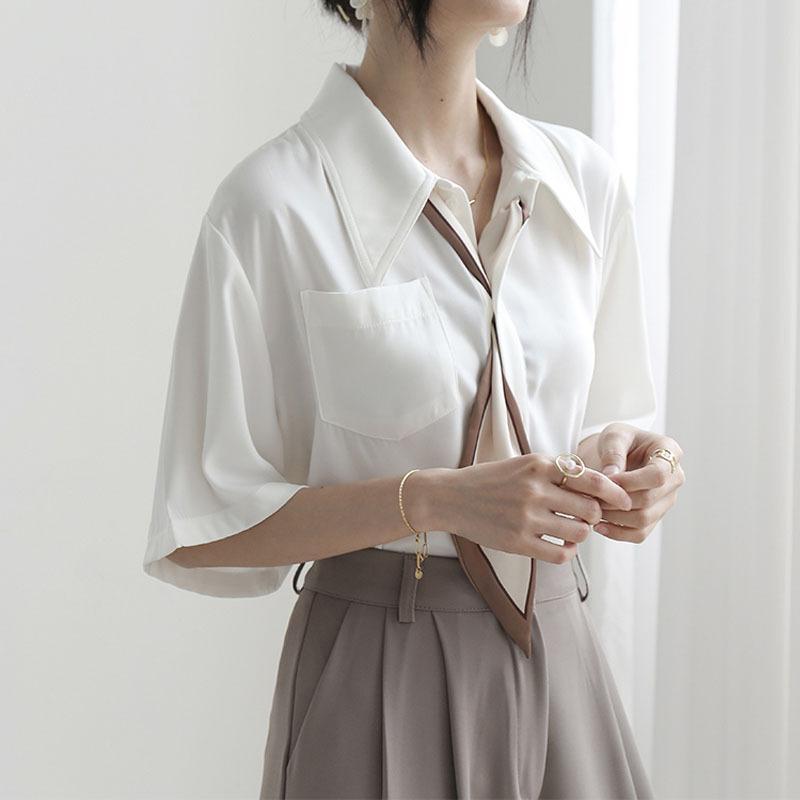 ブラウス レディース シャツ 夏 半袖 Vネック トップス シフォン 白 上品 通勤 シルク風 大人 OL オフィス ビジネス オシャレ 30代 40代 50代