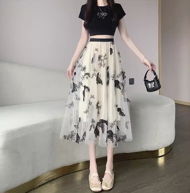 レディース スカート ボトムス 膝下 ミモレ スリム 細身 Aライン フェミニン ハイウエスト オーガンジー バイカラー 配色 薄手 大人可愛い きれいめ シンプル 上品 おしゃれ 都会的