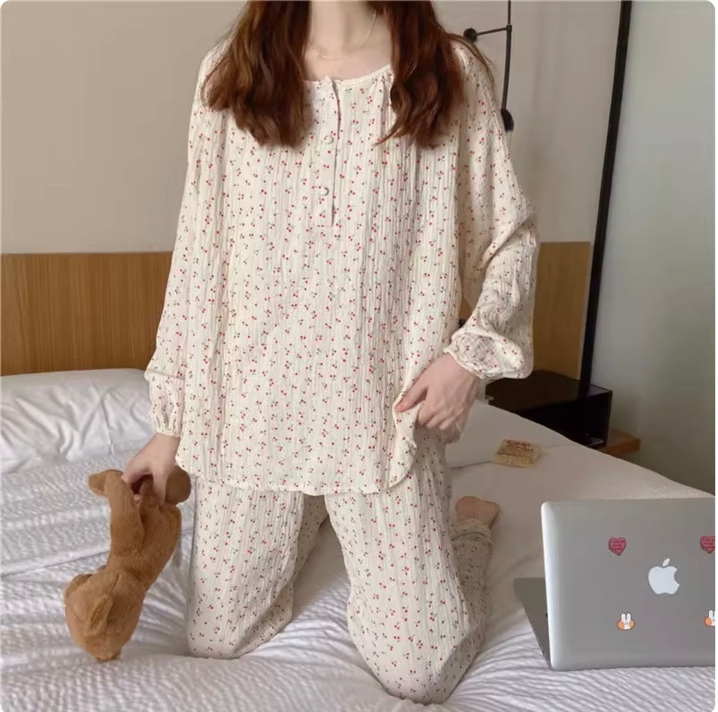 レディース トップス パンツ ルームウェア パジャマ デート 部屋着 寝巻き ナイトウェア ロング ロング丈 袖あり 長袖 萌袖 ラウンドネック クルーネック 襟なし ストレート ワイド スマート