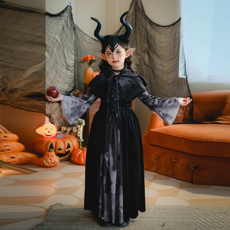 2025ハロウィン子供用コスチュームパフォーマンスコスチュームスケルトン子供服女の子ロングスカート魔女吸血鬼面白いドレス