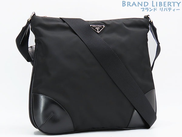 美品プラダナイロン斜め掛けショルダーバッグメッセンジャーバッグNEROブラックレザーBT0326