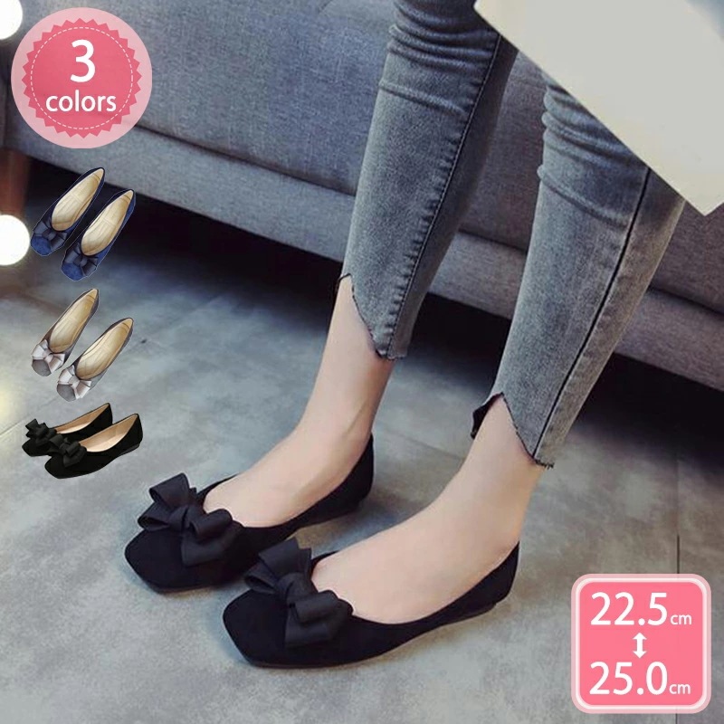 1000円OFFクーポン 大きいサイズ リボン パンプス ぺたんこ 歩きやすい ローヒール 疲れない クッション レディース バレエシューズ スウェード 柔らかい コンフォート シューズ バレエパンプ