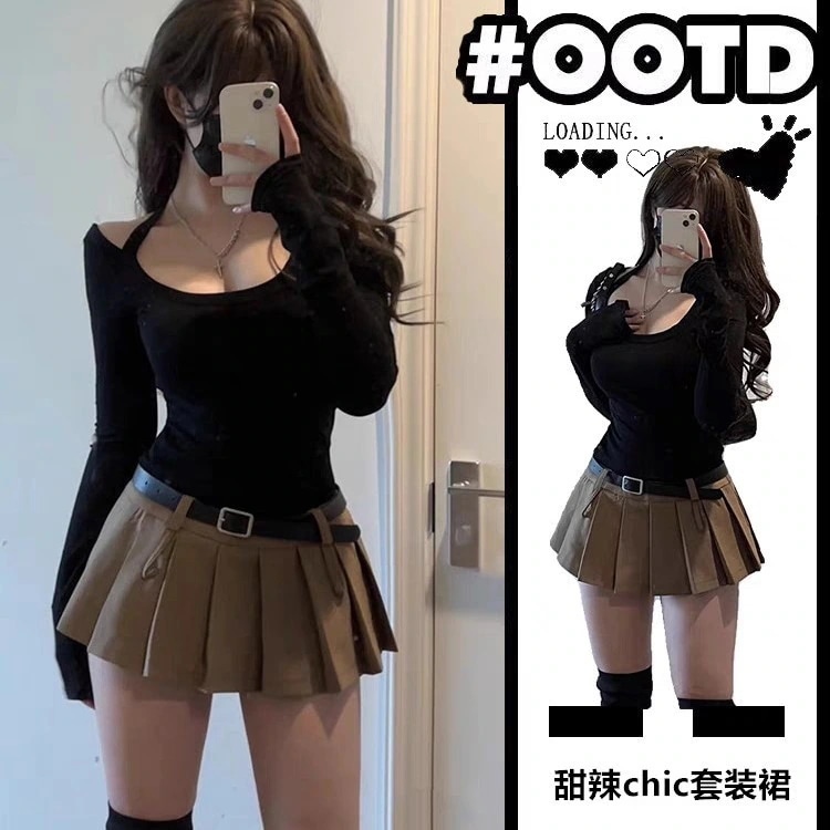 ハイエンドのカスタマイズ-秋の甘くてスパイシーな揚げストリートシックなトップとスカートのツーピーススーツティースタイル衣装ホットガール純粋な欲望スタイルの婦人服の完全なセット