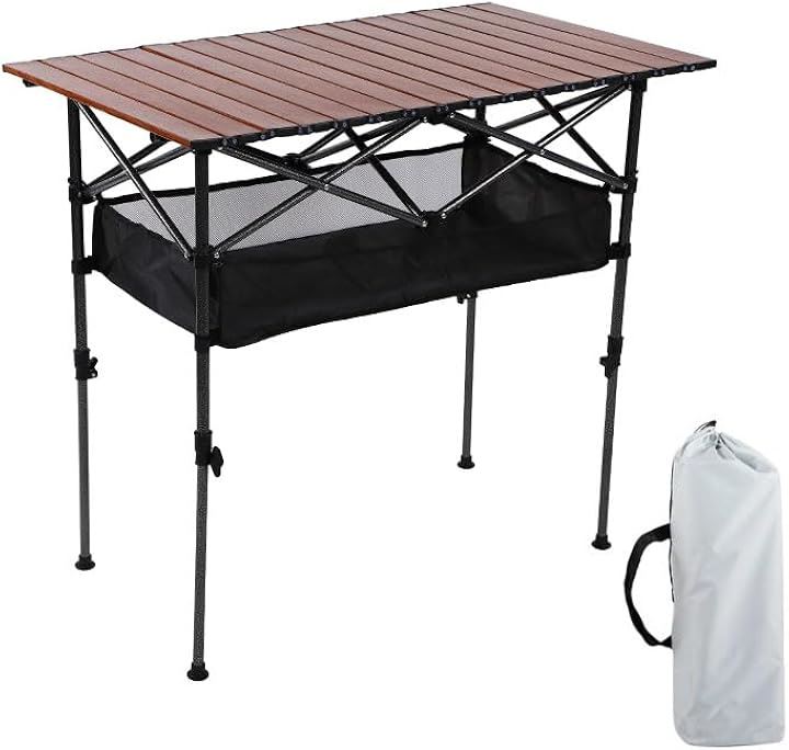 ピクニックテーブル 折りたたみ 伸縮可 アウトドア ロールテーブル キャンプテーブル 軽量 耐荷重50kg 携帯 便利 組立簡単 収納バッグ付き( ブラック, 95 x 55cm)