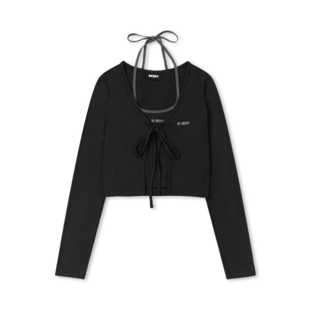 オタク女性用ツーピースロングスリーブ Tシャツブラック