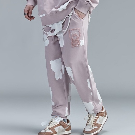 ピンクスポーツレギンスメンズトレンディな春学生ヒップホップクマプリント刺繍綿スウェットパンツルーズ