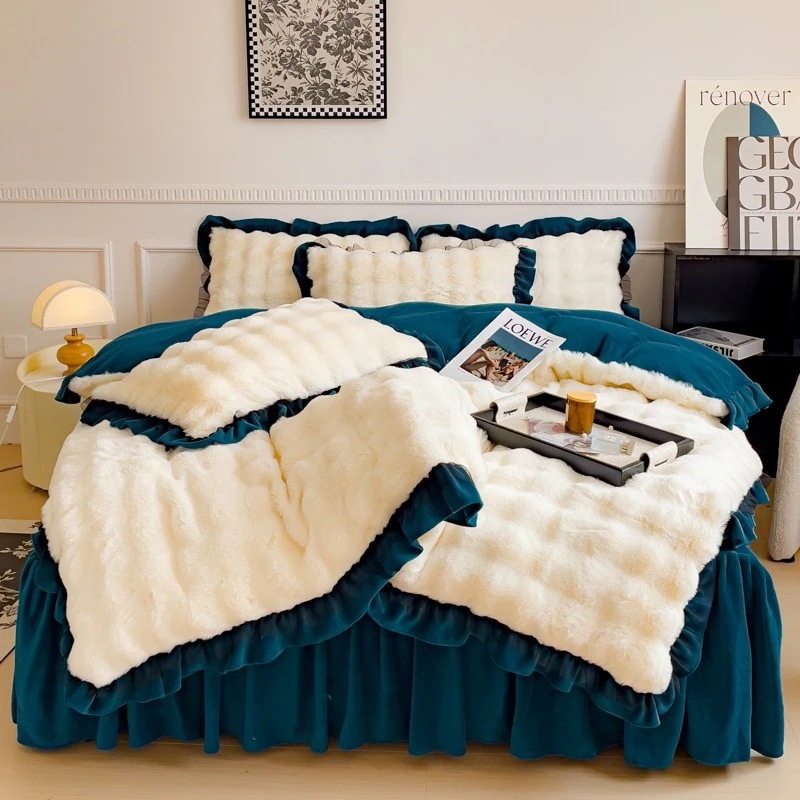 ミルクベルベットベッドスカート4点セット韓国ぬいぐるみキルトカバーシートスカート付き韓国版ラビットベルベットレディースコーラルベルベット4