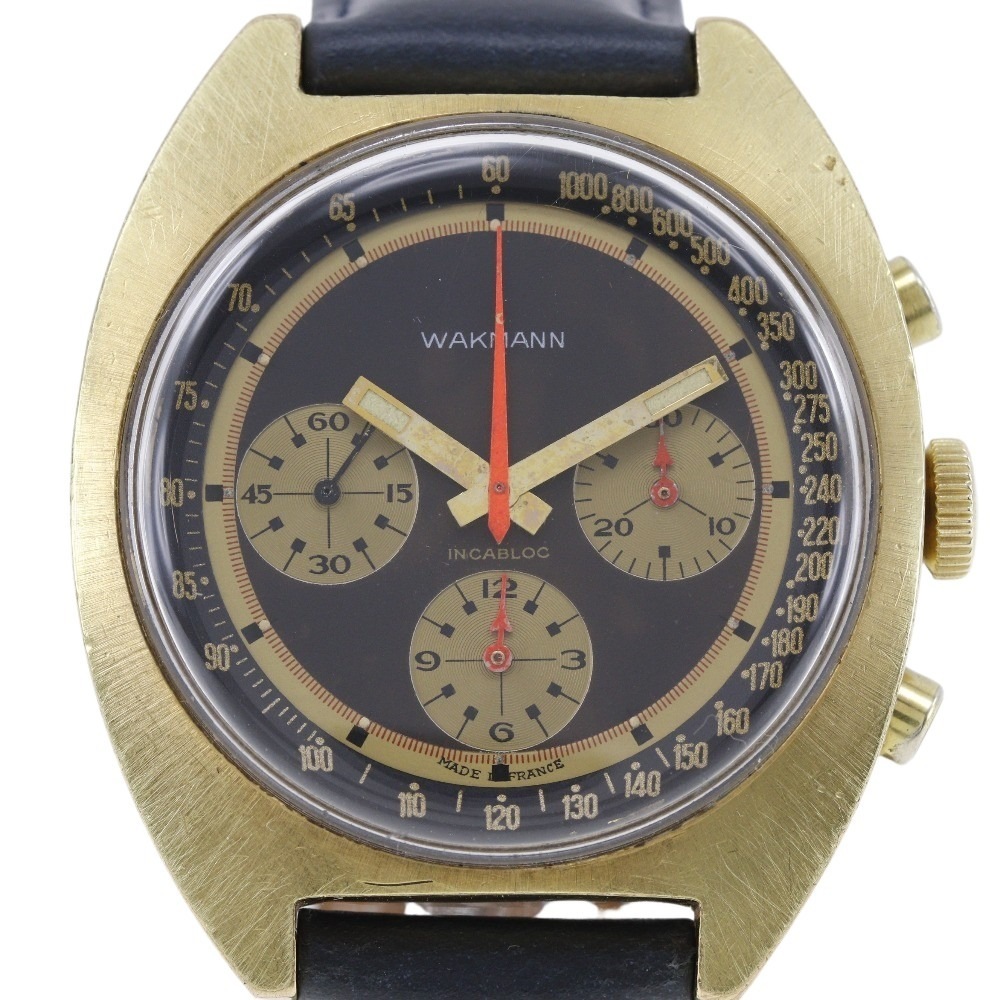 WAKMANN ワックマン INCABLOC 腕時計 ステンレススチール レザー 手巻き クロノグラフ メンズ 黒文字盤 中古品