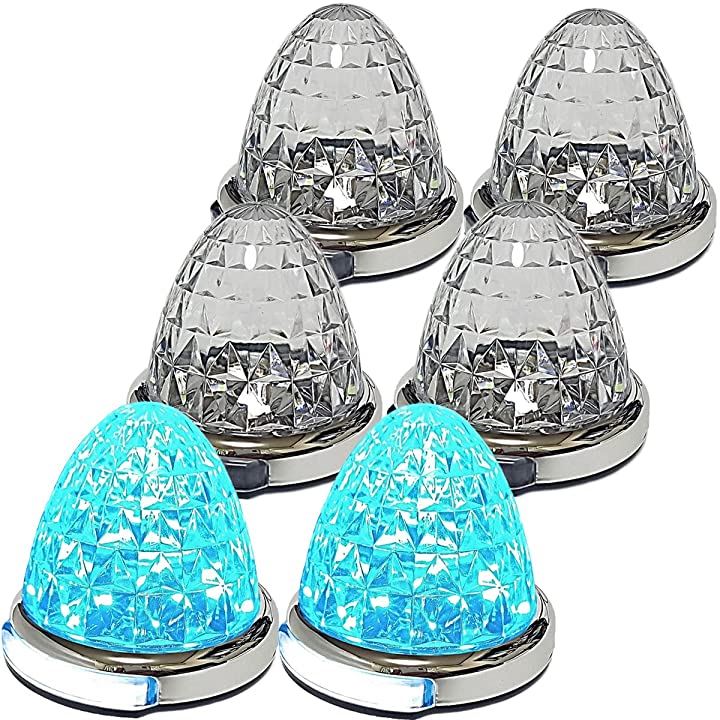 カスタマイズ 12V 24V トラック用 LED マーカーランプ 路肩灯機能付 サイド メッキリング 5面クリスタルカット仕様 22LED 汎用(アイスブルー, 6個セット)