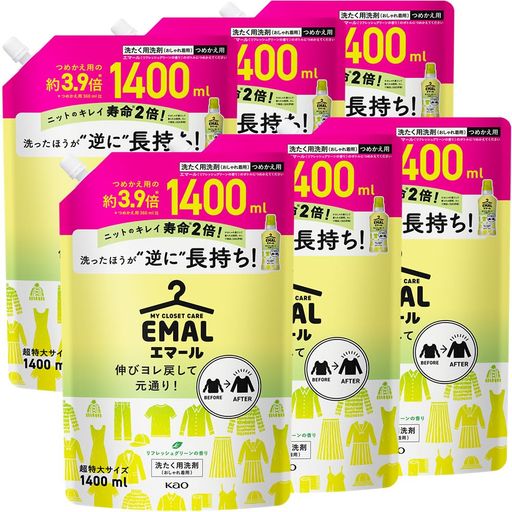 【ケース販売】エマール 伸びヨレ戻して元通り洗ったほうが逆に長持ち! リフレッシュグリーンの香り 詰替え用 1,400ML×6個 大容量