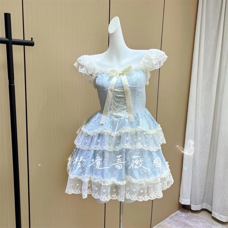 【急速発送】ロリータのかわいいケーキワンピース夏のポンポンスカートLoプリンセススカートウエストを収めてすっきりショート丈に秋の万能アイテム