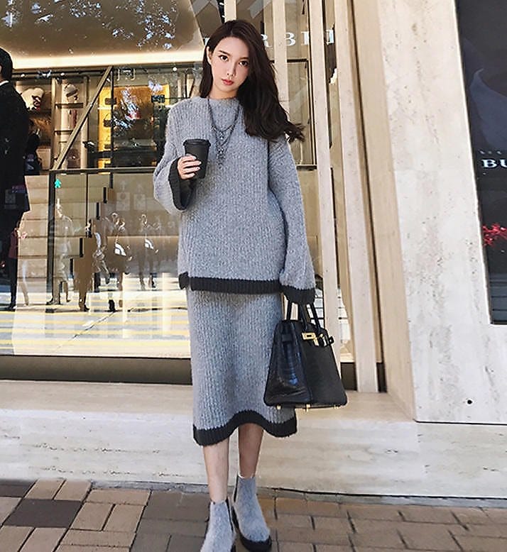 韓国 ファッション ニットセットアップ バイカラー ニット セーター スカート ミモレ丈 カジュアル