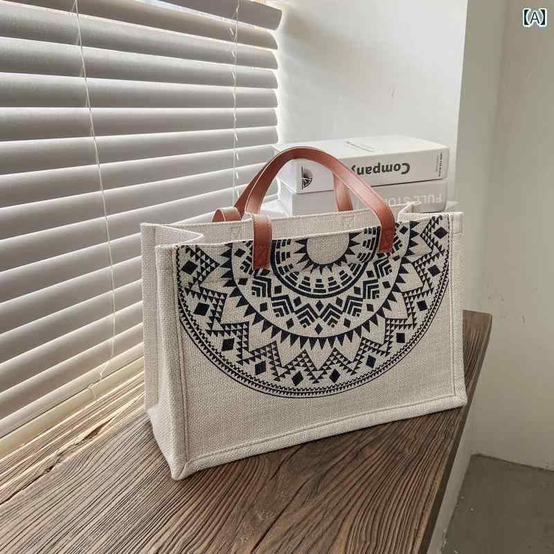 エスニック バッグ かばん 鞄 ショルダー 肩掛け トートバッグ 秋冬 レトロ 横長 マチ 大容量 自立 ファスナー おしゃれ カジュアル 白