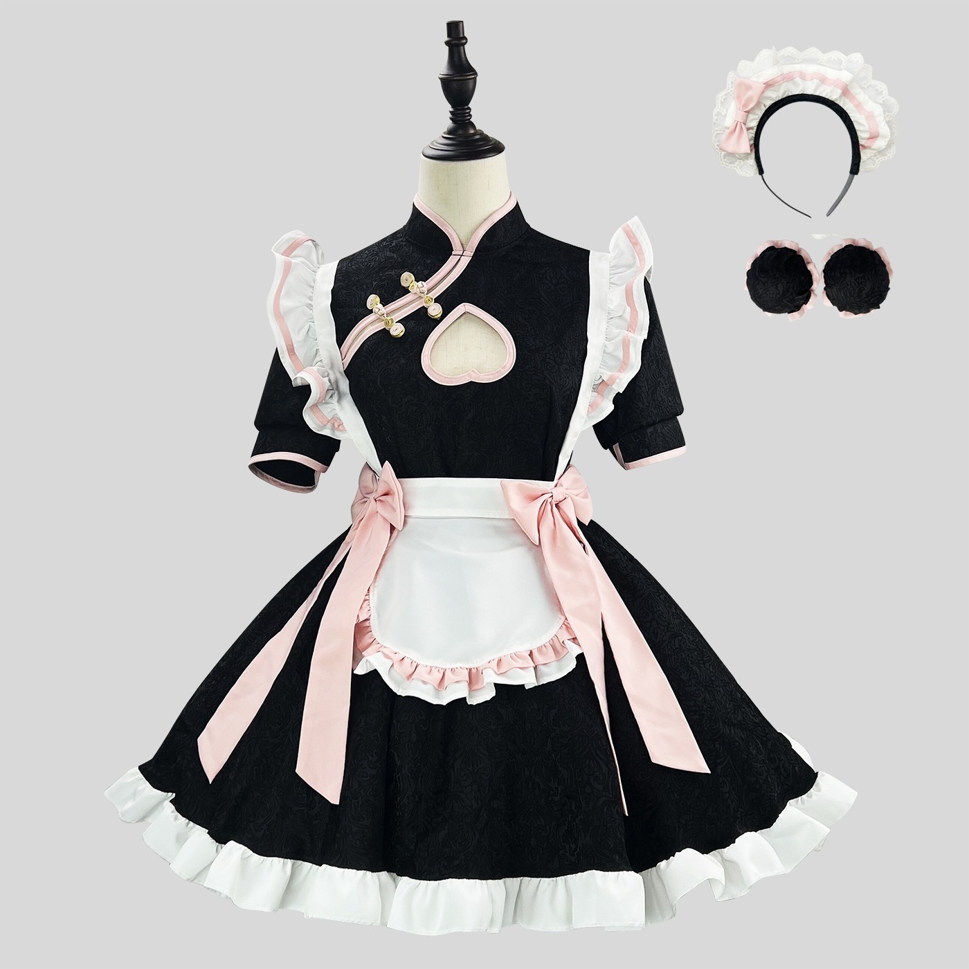 新作韓国メイド服ロリータcos透かし彫り新中国式チャイナドレス女中制服セットワンピース