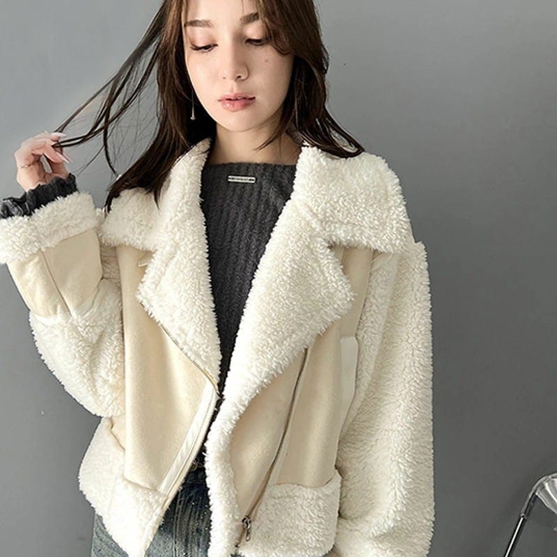 milybilet アウター ジャケット レディース スリーブ ボア ショート フェイク ムートン コート 異素材 ミックス クロップド丈 ゆるっと オーバーサイズ 大きいサイズ