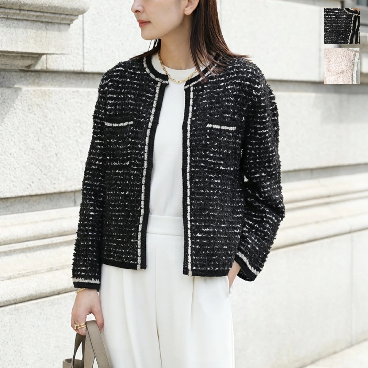 Dignite Collier ディニテコリエ ノーカラージャケット 80267060 レディース ツイード ニット ノーカラー ショート丈 カラー2色