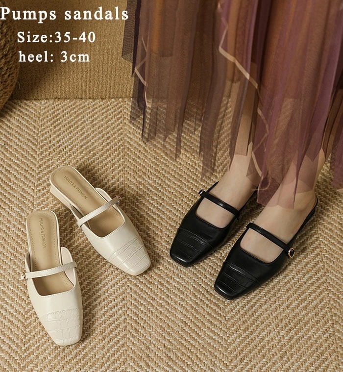 ミュール サンダル かかとなし 春コーデ レディース スリッパ 美脚 パンプス ローヒール 歩きやすい ストラップ スクエアトゥ チャンキーヒール シューズ ローヒール 靴 ぺたんこ カジュアル 柔