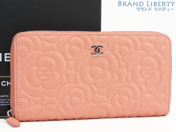 新品同様シャネルカメリアラムスキンココマークラウンドファスナー長財布ピンクシルバー金具ラムスキンA82281