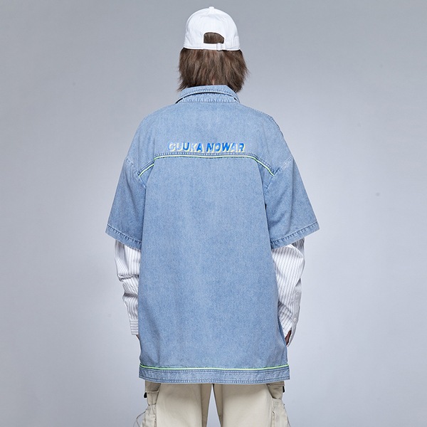 デニムパッチワークヒップホップポケットストライプシャツ