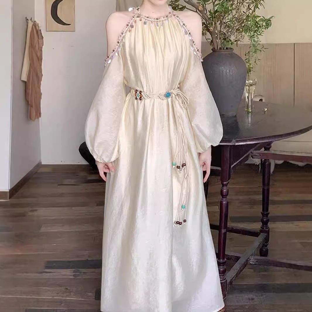 新しい私のアラタイ手縫い貝殻レース浅杏色ワンピースボヘミアリゾート風ティーラウンジロングスカート