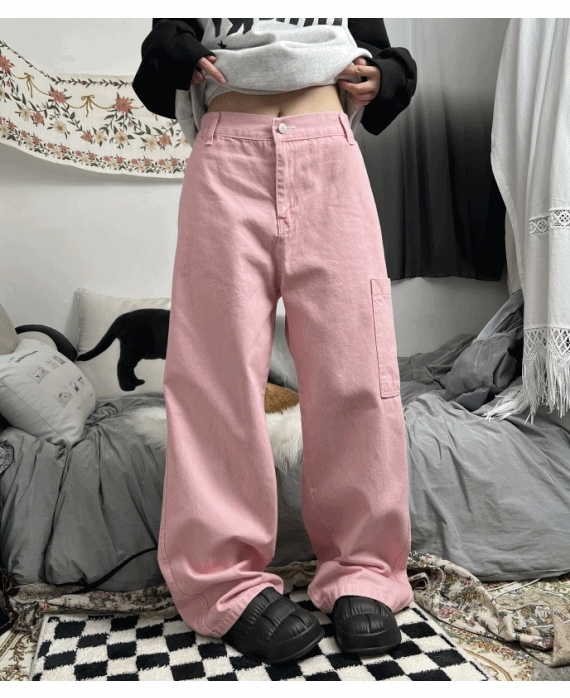 one side cargo wide pants (UNISEX)
