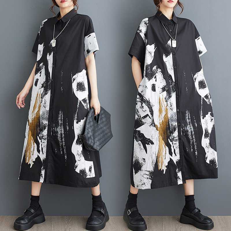 「ファットガール」 2024夏新品 シャツワンピース 大きいサイズ 体型カバー 柄 レディース ドッキング ロングワンピース メガ割