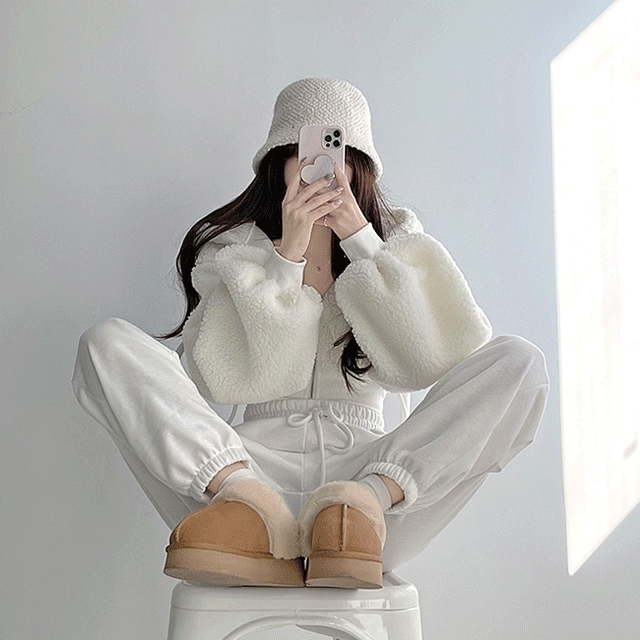 [大きい暖かい!セット] ボア ボアフリース クロップ フード ジップアップ+バンディング 起毛 ジョガーパンツ トレーニング セット (アイ/ブラウン/ブラック) 着飾ったような着飾ってない